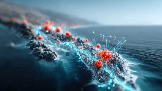 A microscopic view of viral particles, depicted as glowing red spheres, colonizing a rocky island surrounded by shimmering blue water. ..Created with Generative AI, not depicting real subjects.