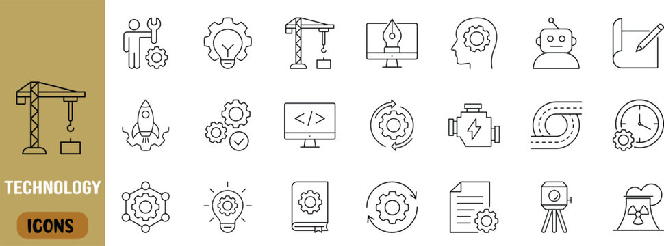 Industrial technology and engineering icons. gear icon set, robot icon set, rocket icon set