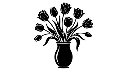 Minimalist Tulip Flower Bouquet in Sleek Black Ceramic Vase Silhouette Design for Modern Branding, Elegant Greetings Cards, and Interior Wall Art Vector Graphics © Taysina