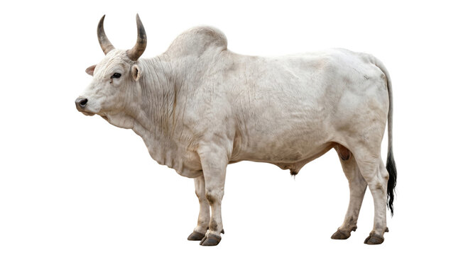 Majestic white bull with prominent hump and curved horns stands proudly
