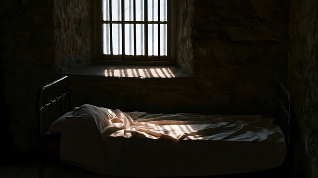 Solitary antique bed evokes quiet resilience bathed in gentle light a timeless scene of introspection and peaceful strength