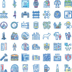 Fototapeta premium Hand drawn style icon collection featuring a wide range of symbols representing lifestyle, business, education, health, and technology, organized in a grid