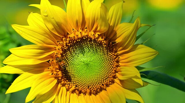 夏の向日葵の花ni蜂が蜜を吸う