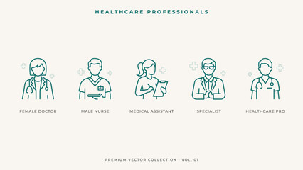 Fototapeta premium Teal line medical specialist and assistant icons - Ideal for private practice websites, clinical apps, or healthcare marketing.