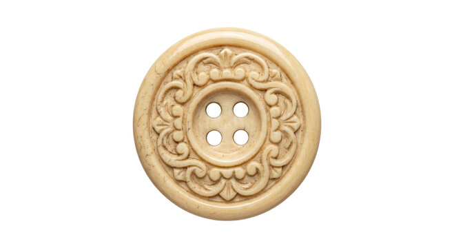 Ornate vintage button with intricate floral carving and four holes