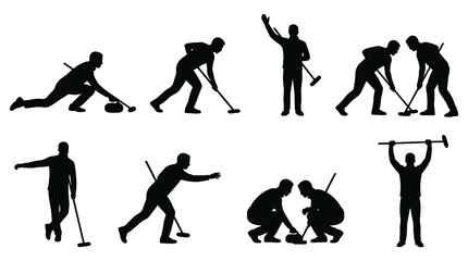 Naklejka premium Set of curling sport silhouettes showing players sliding, sweeping, and celebrating victory with brooms and stones, isolated on white background