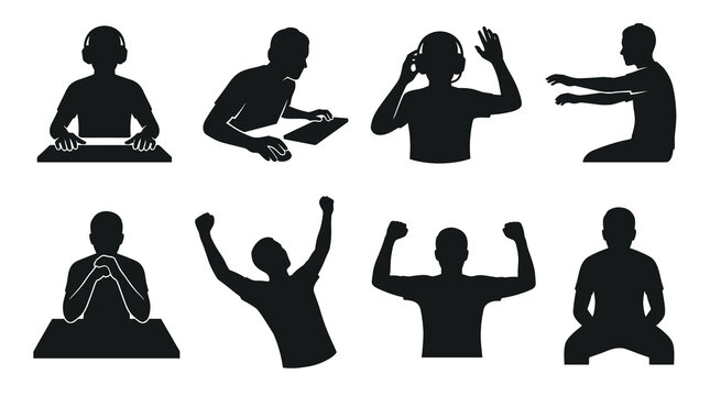 Set of black silhouette icons representing DJs and music enthusiasts in various poses, isolated on a white background, useful for audio technology