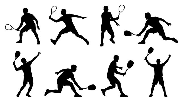 Set of eight black squash player silhouettes in various dynamic action poses, isolated on a white background, representing sport and fitness