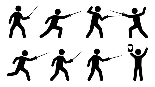Set of fencing pictogram icons showing various poses, sword fighting actions, and a celebratory figure, black silhouettes on a white background