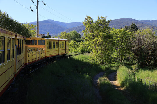 Train journey on the Yellow Train or-Canary- from Villefranche-de-Conflent and Latour-de-Carol, France  