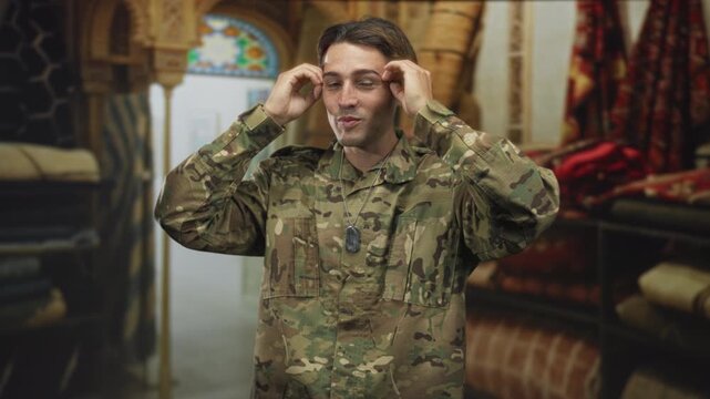 Man, young soldier in camouflage uniform with dog tag raising hands and smiling inside a building; pride duty resilience.