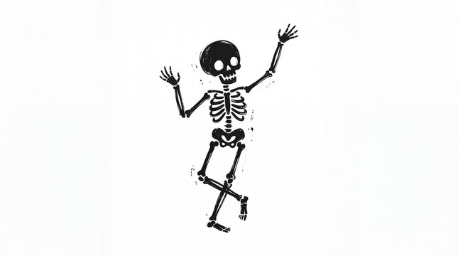 Cheerful hand drawn black skeleton character dancing happily in a festive style on transparent background