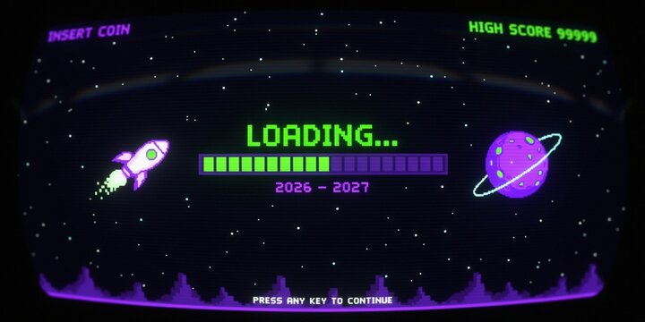 Retro 8-Bit Pixel Art Loading Bar 2026 to 2027, Nostalgic Arcade Game Progress Screen