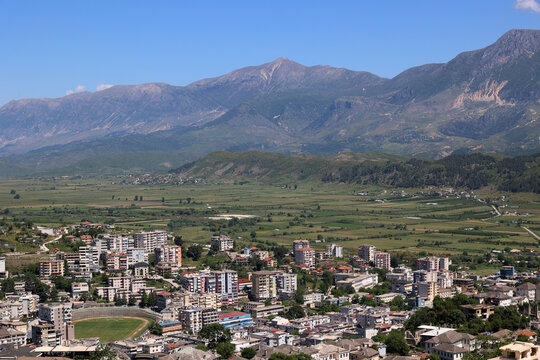 View of the Mali i Gjer&euml; -Wide Mountain-with the city of Gjirokastra in the foreground in southern Albania