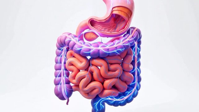​A detailed three-dimensional anatomical illustration of the human digestive system with pulsing blue electric energy signals flowing through the organs.