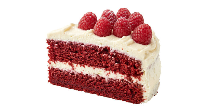 Delicious slice of red velvet cake topped with fresh raspberries and cream cheese frosting