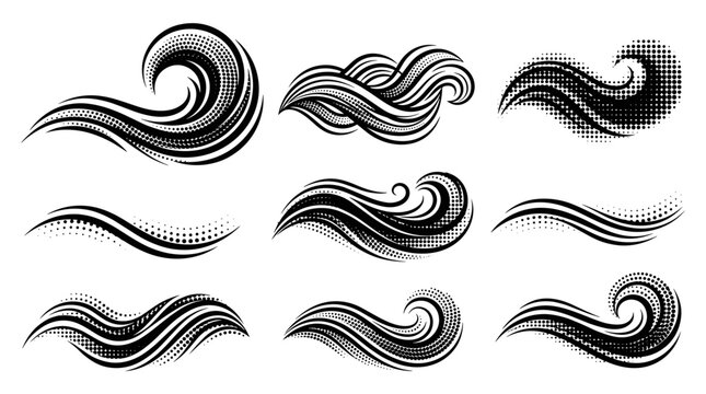 Black wave swirls, abstract fluid shapes, vector graphics, swirling lines, modern design elements isolated on White Background