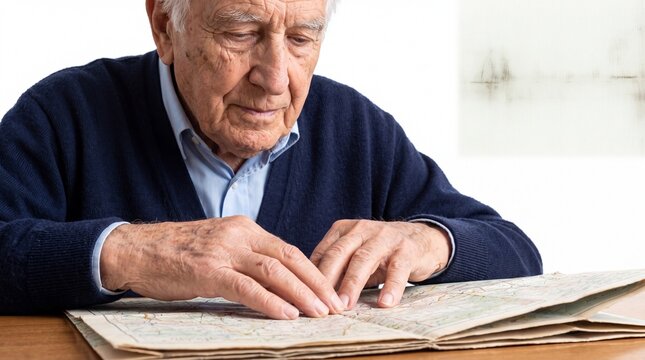 Senior man reading a paper map with hands while planning a trip at home