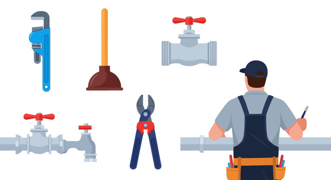 Plumber with tool belt working pipes.