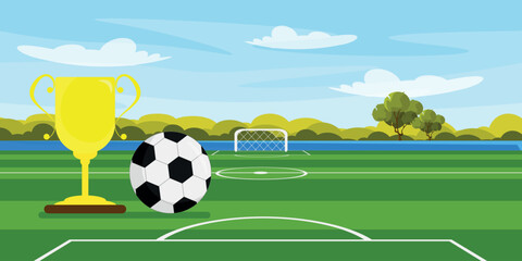 Vector illustration of green soccer field with ball, championship cup. Cartoon landscape scene with large soccer field, goal, golden winner's cup, ball, trees, bushes, sky, clouds. Team sport.