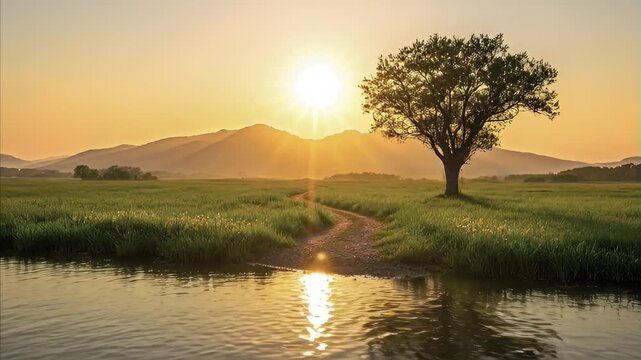 Serene landscape of sunrise over mountains with winding path through green field, single tree near water reflecting sky colors, peaceful natural scenery at dawn or dusk, outdoor view