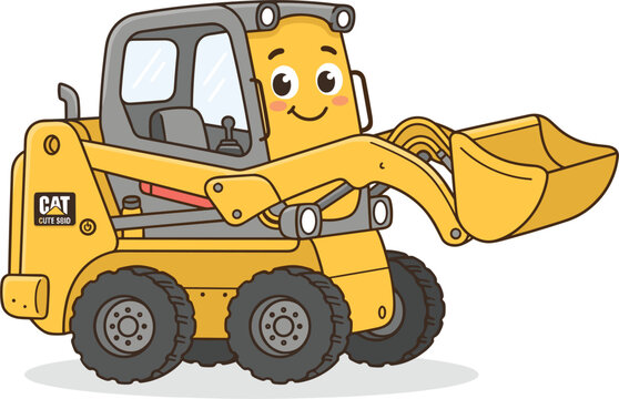 Cute Yellow Skid Steer Loader Truck Cartoon Character with Friendly Smile, Adorable Compact Construction Machinery Mascot Vector Illustration for Kids Prints and Nursery Decor