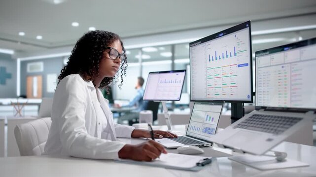 Medical Coder Carefully Reviews Clinical Billing Claims On Dual Desktop