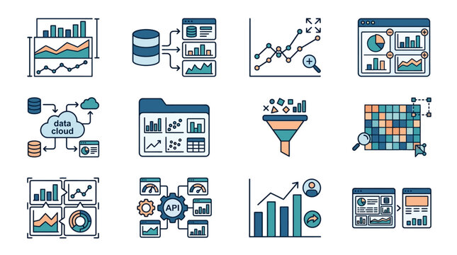 Corporate Data Analytics Visualization Colorful Infographics Showcase 12 Key Concepts with Charts Clouds APIs and Dashboards