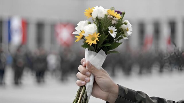Hand holding vibrant bouquet of white roses and yellow daisies against blurred background of people and national flags, representing patriotic event.