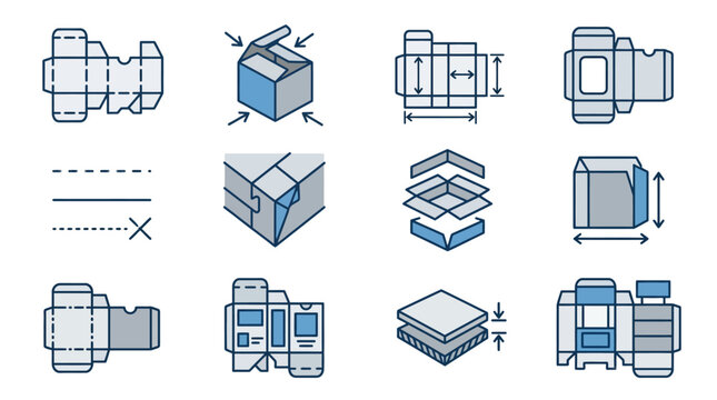 Professional Icons Showing Various Box and Packaging Design Concepts with Dimensions and Assembly Instructions