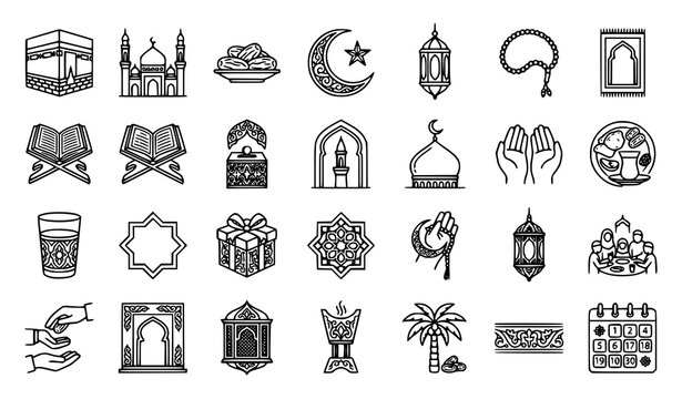 Islamic icon set ramadan hajj and cultural symbols in linear style