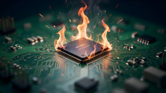 A burning computer chip on a green circuit board with flames and sparks