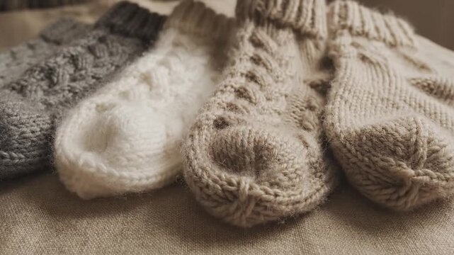 Rows of hand-knitted wool socks in neutral tones are displayed on a linen surface by a middle-aged woman with fair skin.