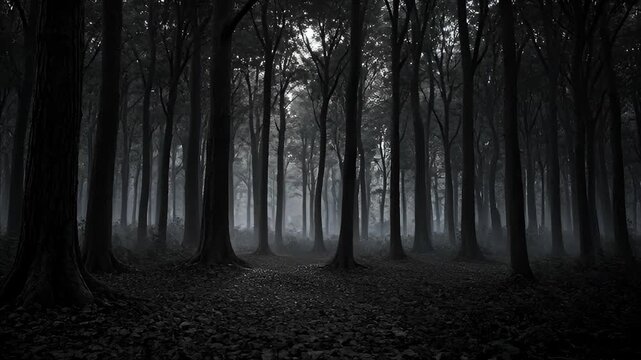 Dark forest path illuminated by misty rays of light filtering through tall trees creating a mysterious and atmospheric scene of nature