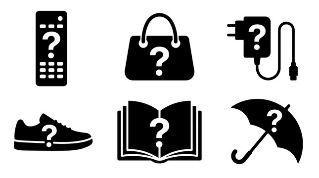 Set of black silhouette icons with question marks representing unknown items, missing information, or product queries, including a phone, shopping