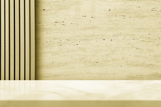 Minimalist Marble Podium with Luxury Gold Texture and Wooden Slat for Product Display.