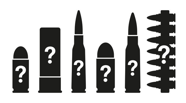 Collection of various ammunition silhouettes with question marks, representing unknown caliber or type, ideal for technical drawings or military