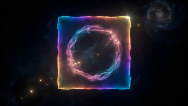 A glowing square portal with a swirling nebula inside floating in deep space