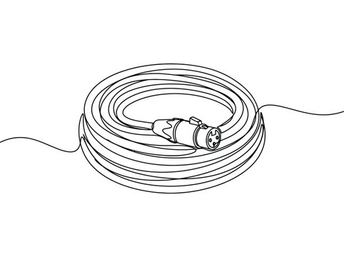 A continuous line drawing depicts a coiled audio cable with an xlr connector on a white background
