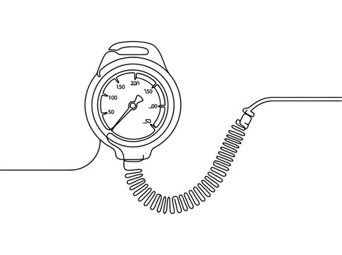 A scuba diving pressure gauge displays depth while attached to a coiled hose and hose