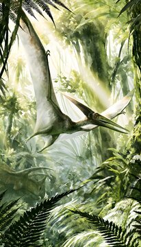 Majestic pterodactyl soars through lush prehistoric jungle bathed in golden sunlight wonder awaits