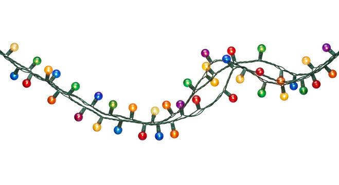 A string of colorful festive lights draped across a white background