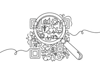 Obraz premium Medical QR code and magnifying glass with health icons and charts while analyzing data