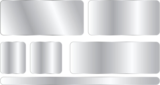 Silver metallic banner set glossy chrome plates, blank steel buttons, and shiny aluminum badges with rounded corners vector template for web ui, labels, and nameplates