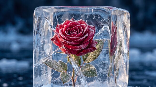 Red rose flower frozen in clear block of ice