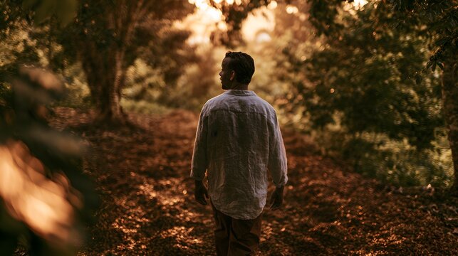 A man strolls through coffee beans bathed in warm golden hour sunlight a serene lifestyle image