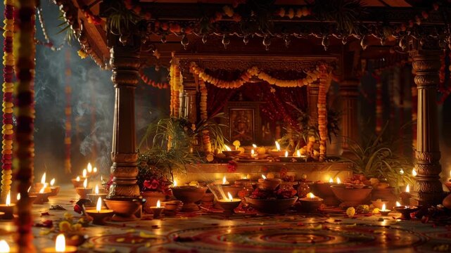Traditional Hindu Shrine Decorated for Festival with Glowing Oil Lamps