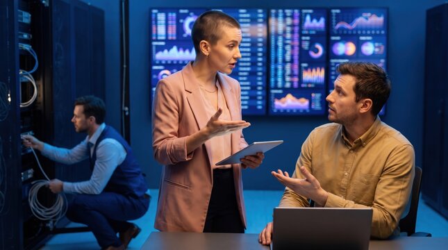 IT professionals discussing data center operations with server racks and screens in the background.