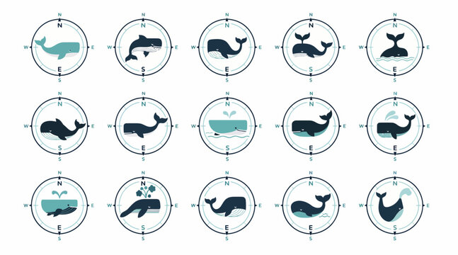 Whale icons in crosshairs, set of 16