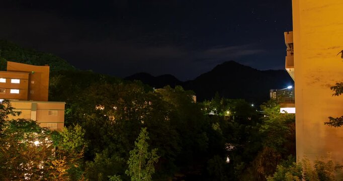 Jozankei Onsen Stars Timelapse: Night Sky Astrophotography over Hot Spring Hotels and Mountain Forest, Sapporo, Hokkaido, Japan - Wide Angle Shot